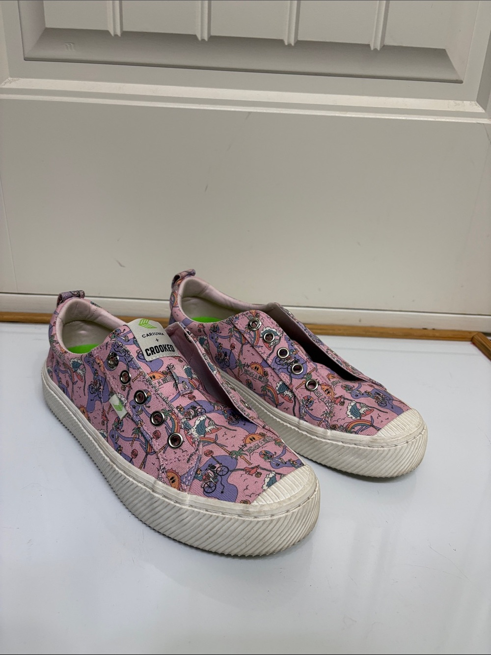 Cariuma Pink Graphic Slip-On Sneakers with Multi-Color Print